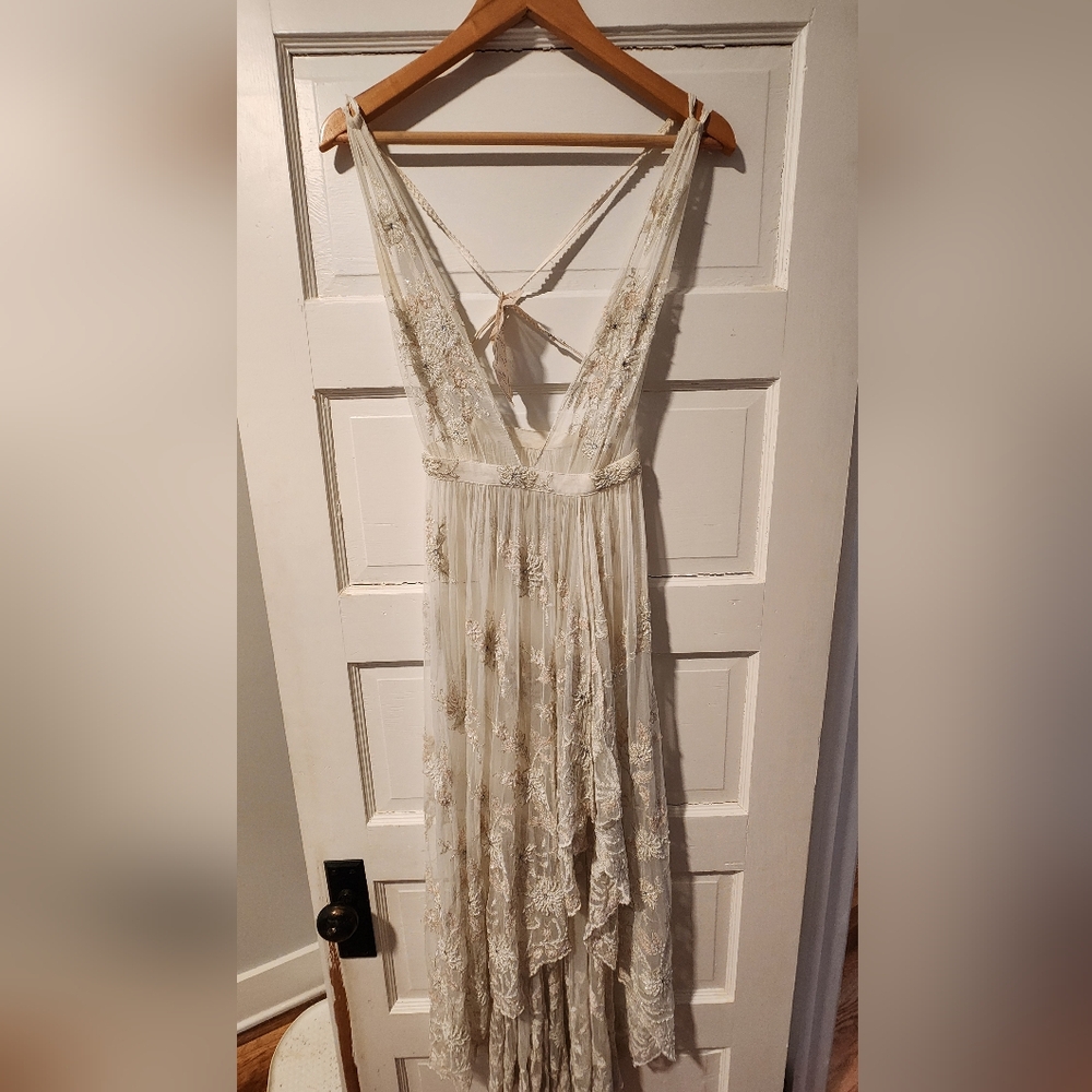 Free People Cream Pleated Sundress with Plunge Neckline
